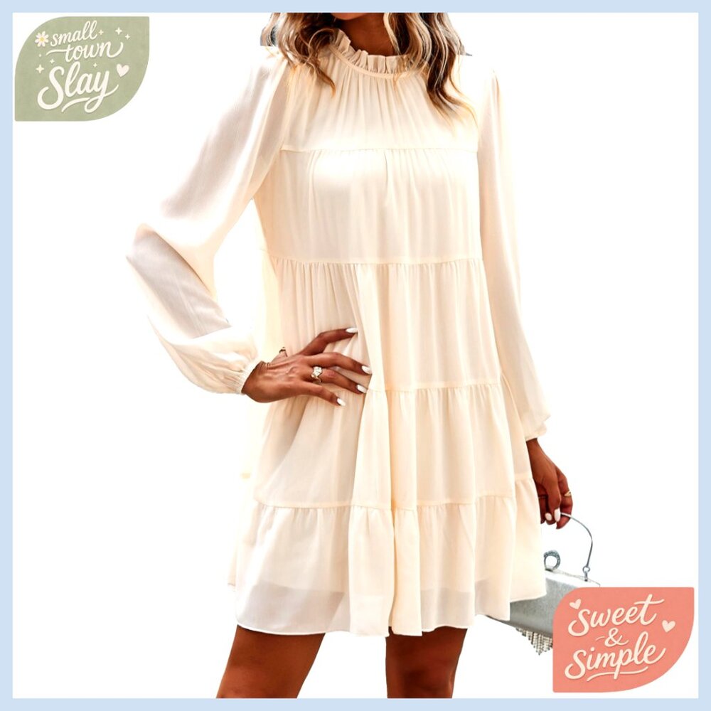 Long Sleeve Babydoll Dress, Polyester, Loose Fit, Mock Neck, Tiered Mini
